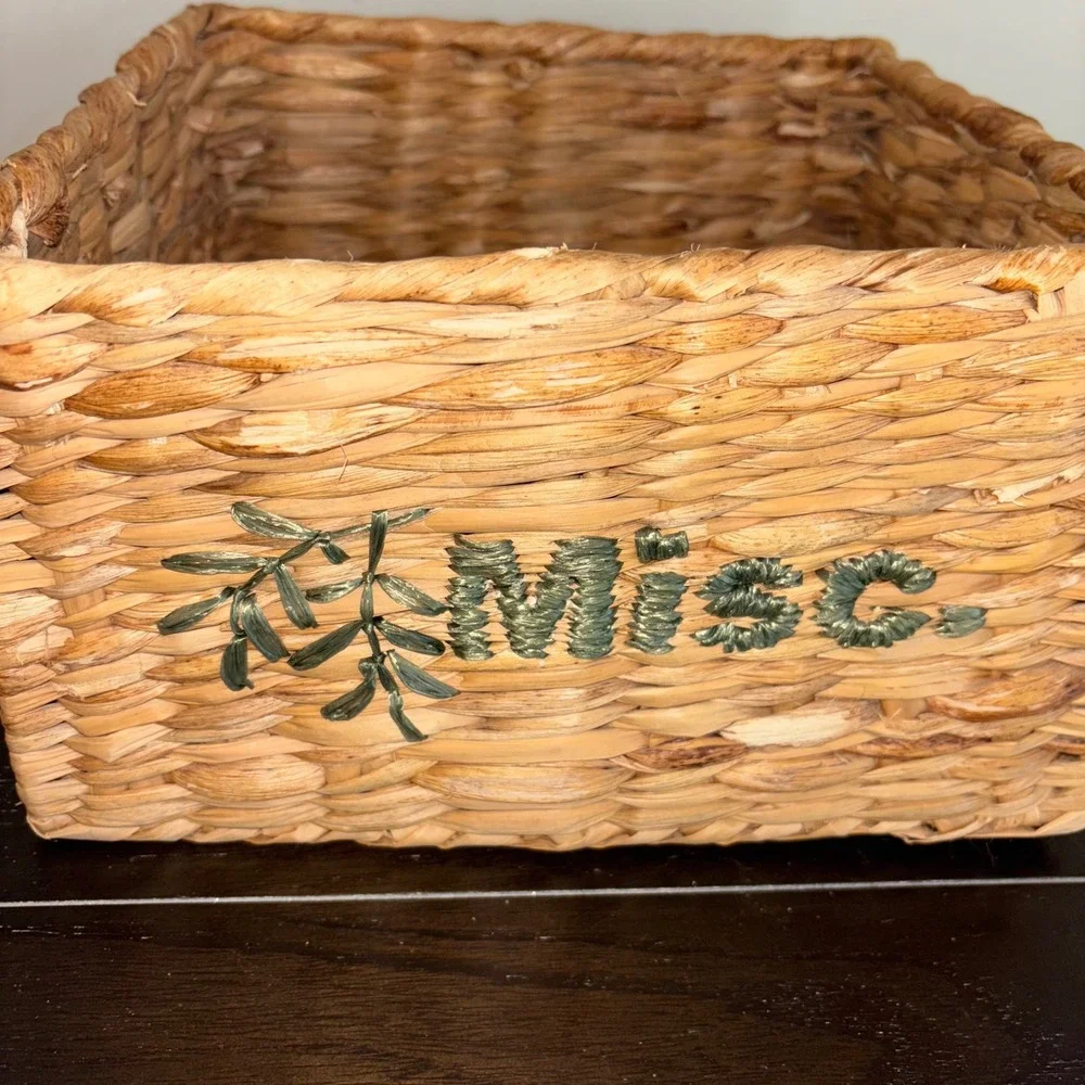 Natural‎ Woven Storage Basket | Embroidered Misc Label | Rustic Home Decor